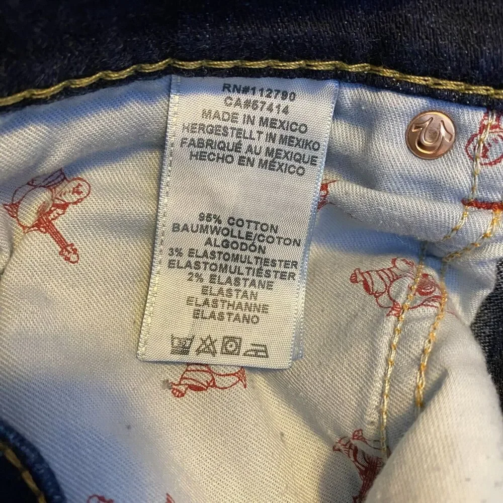 NWOT True Religion Sz 29 Mens Slim Fit Ferd Flap OM Big T Red Dk Blue Jeans